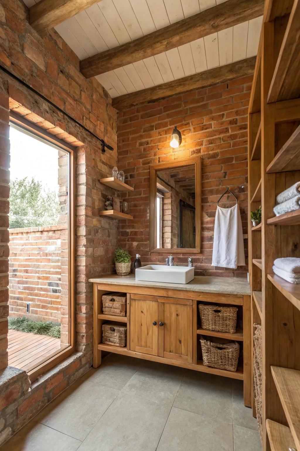 Brick walls and wooden elements create a warm, inviting bathroom.