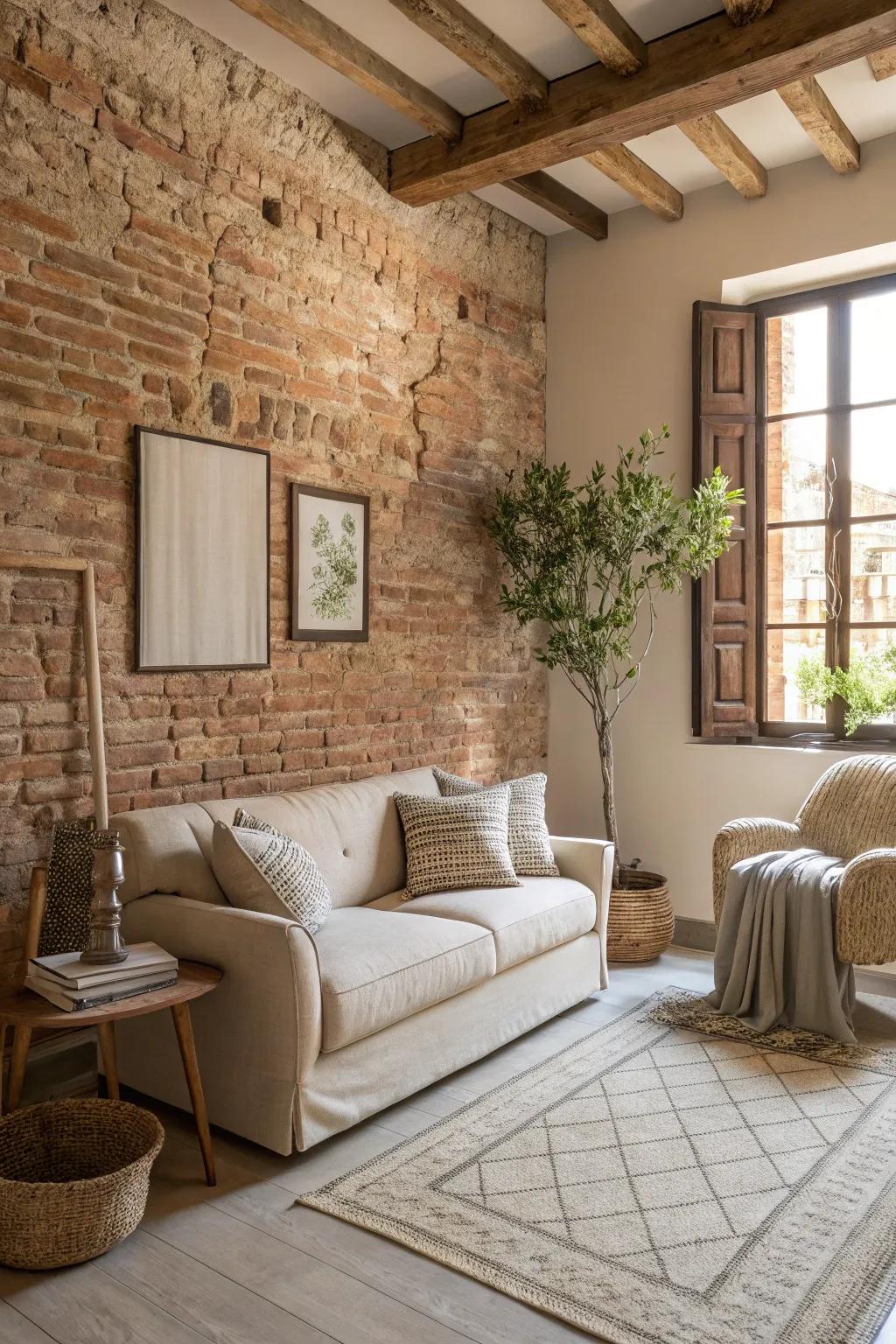 Neutral tones blend seamlessly with the natural beauty of the brick wall.