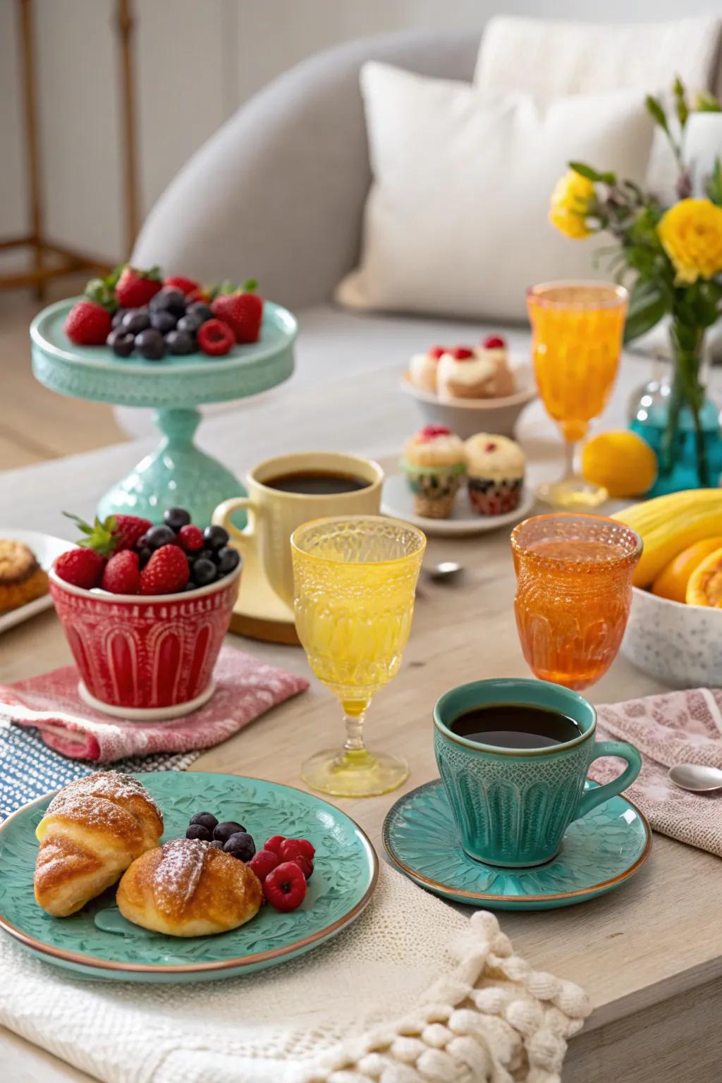 A brunch table showcasing themed drinkware with colored glass.