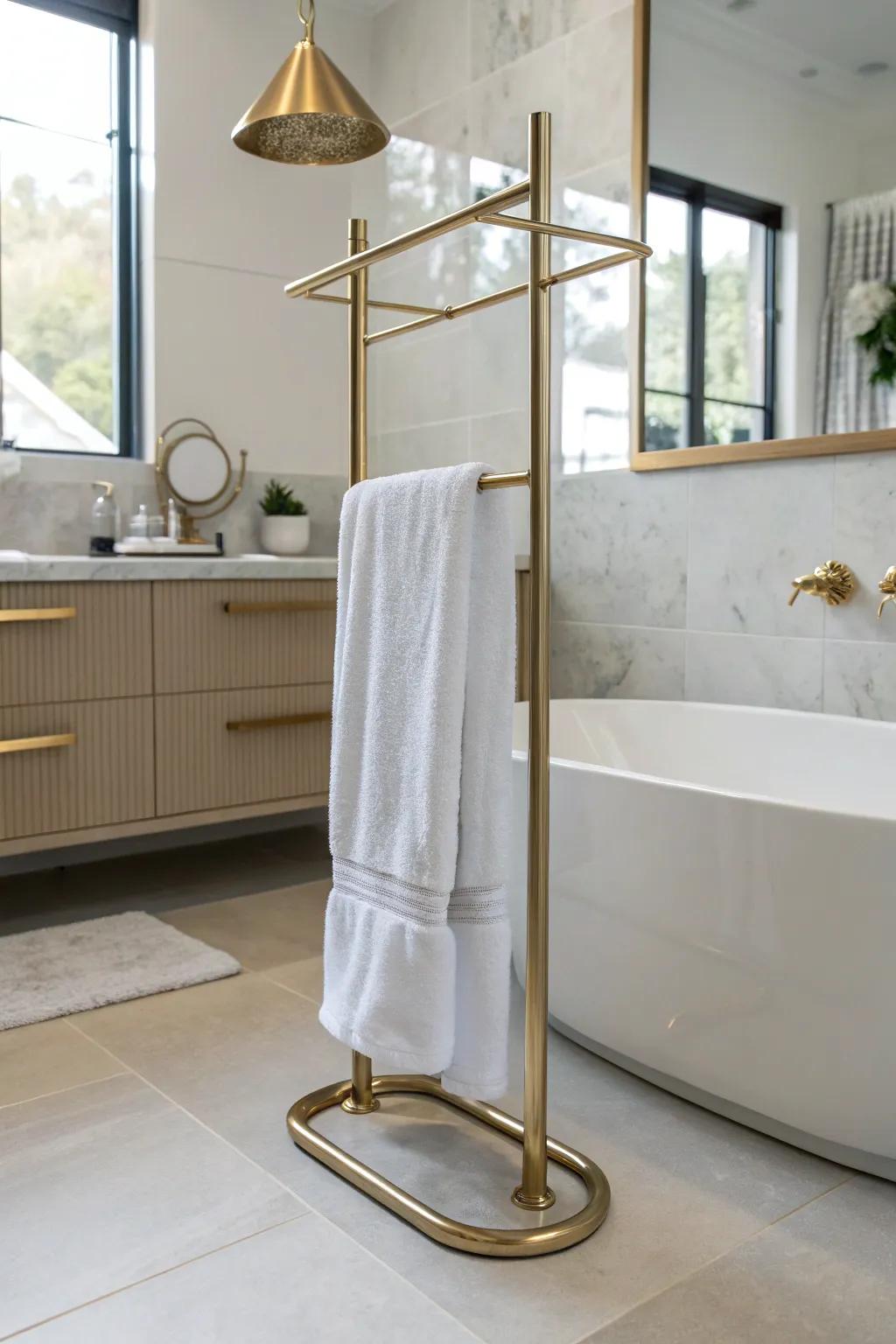 A freestanding brushed brass towel holder adding style and functionality.