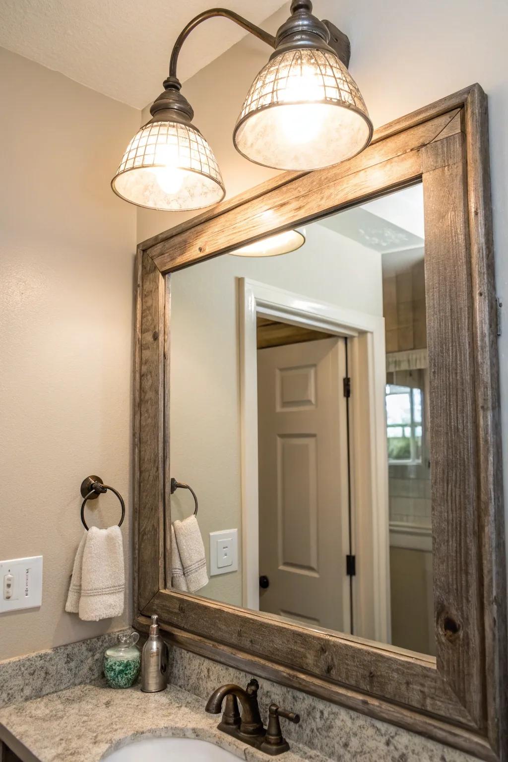 Modern farmhouse charm with weathered brushed nickel lighting above a bathroom mirror.