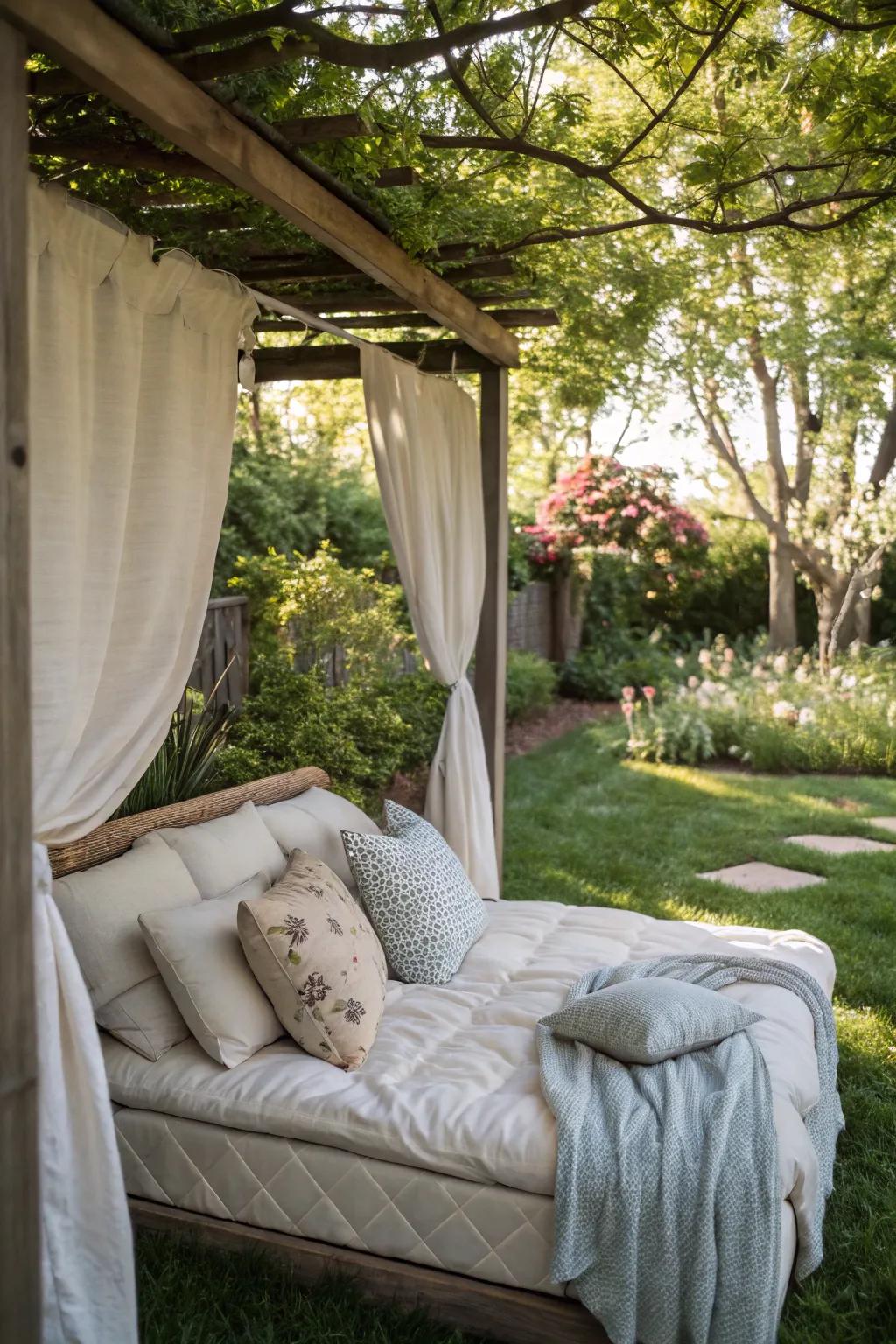 A napping nook offers a peaceful escape in a small backyard.