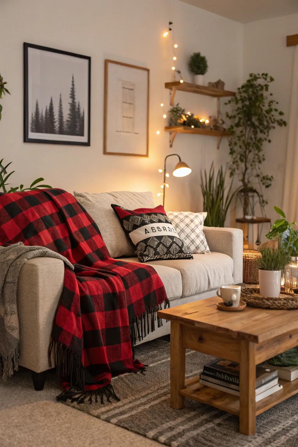 Buffalo plaid throws add coziness and style to a sofa.