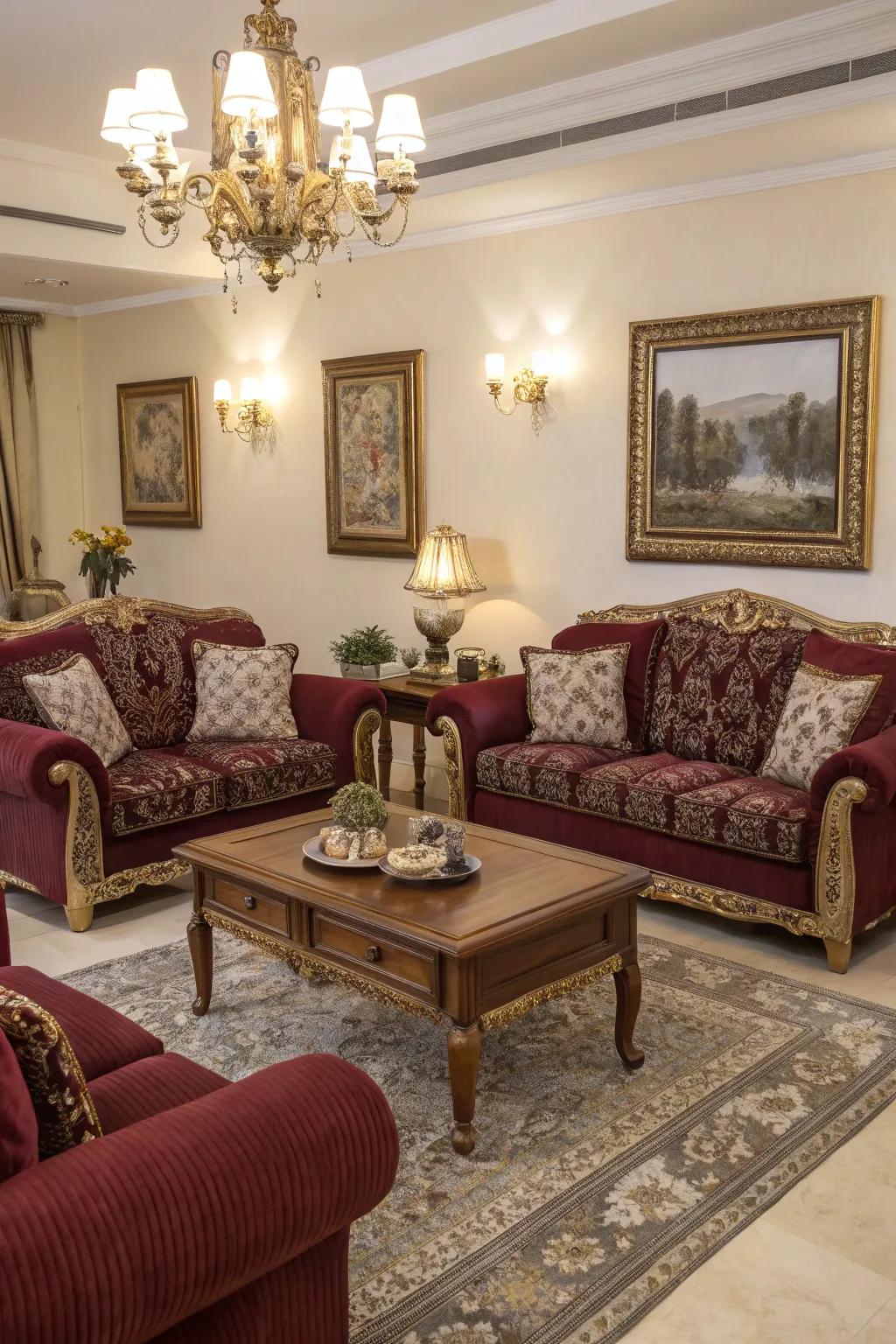 Traditional elegance with burgundy creates a timeless living room aesthetic.