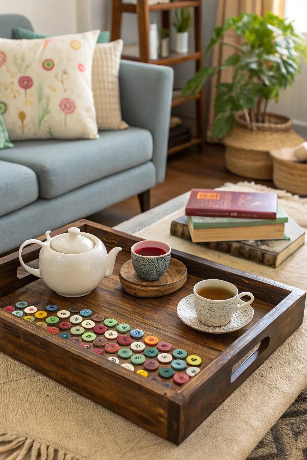 Serve in style with a unique button coffee table tray.