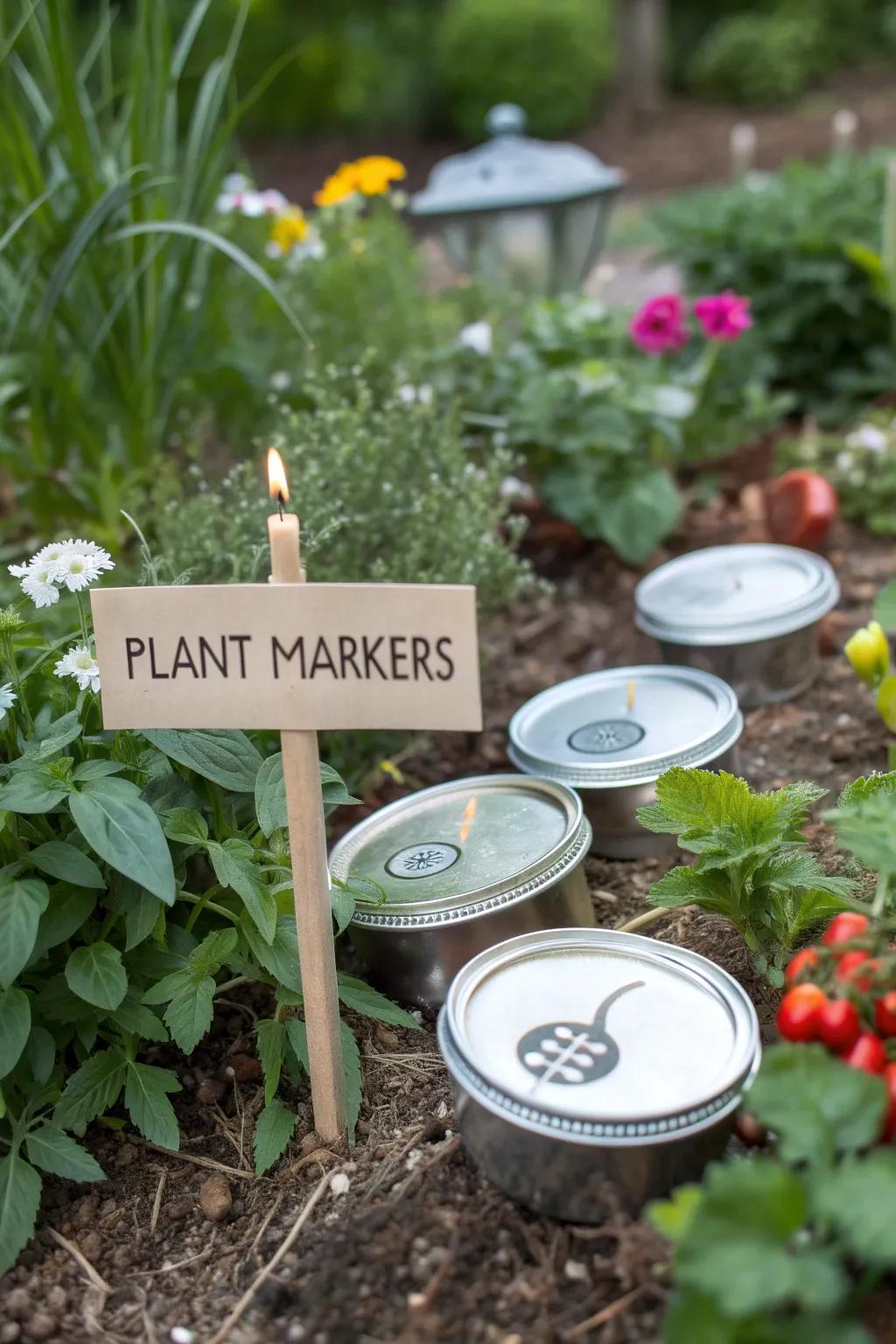 Enhance your garden with durable DIY plant markers from candle lids.