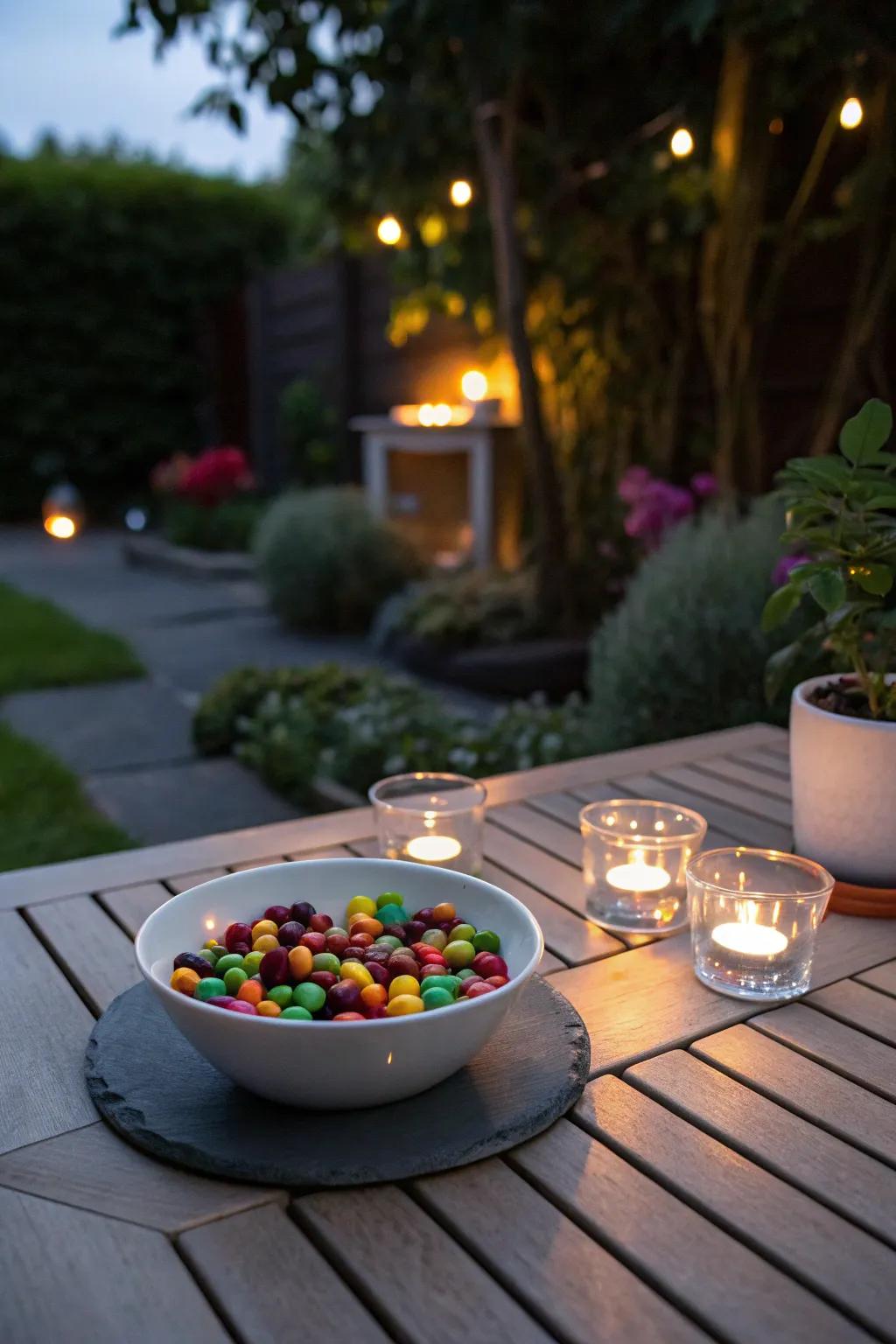 A candy vase with tea lights creates a warm and inviting atmosphere.