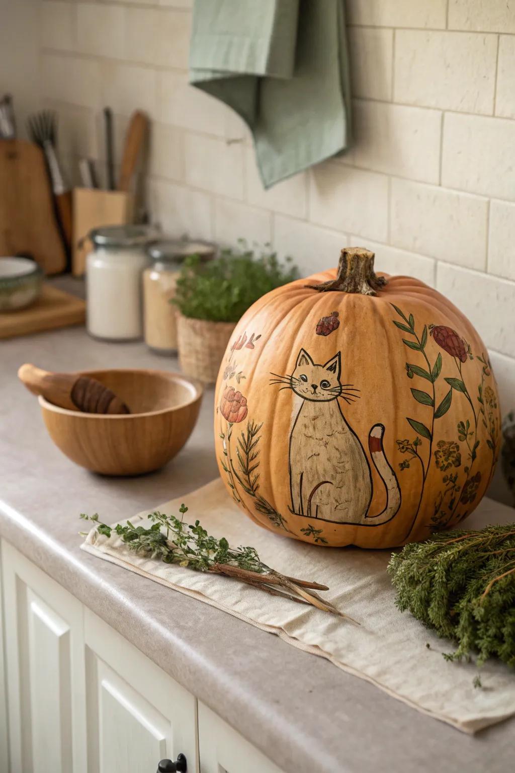 Rustic farm cat pumpkin for a homely touch.