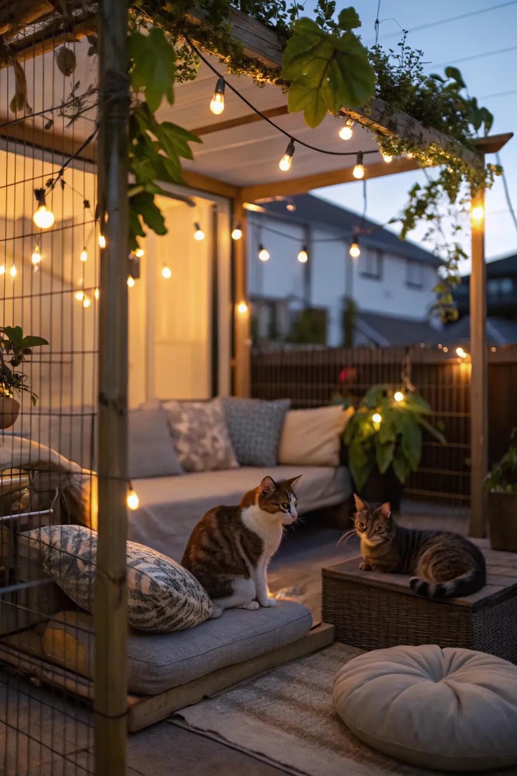 A catio with ambient lighting for evening relaxation.