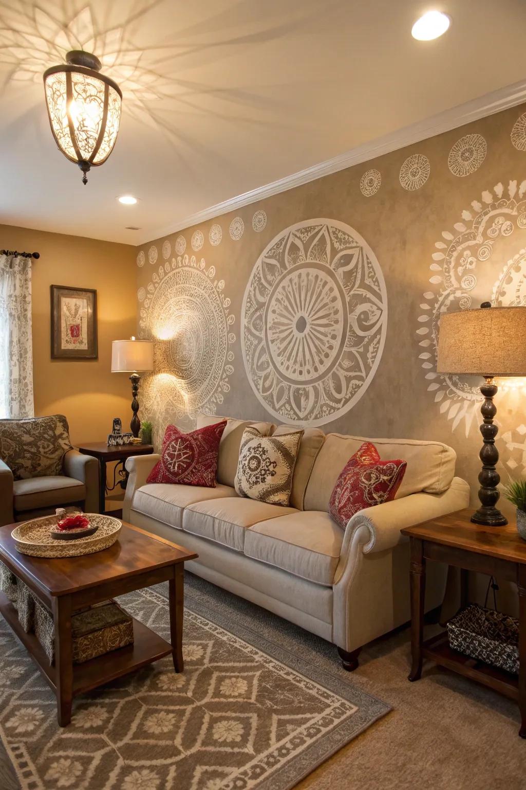 Stenciled walls with chalk powder bring dynamic patterns to your home decor.