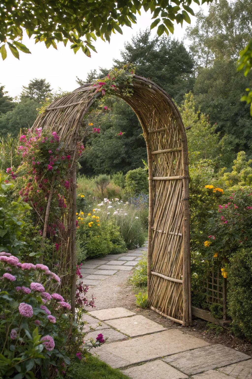 A reed screen garden gate, offering a natural and harmonious entrance to the garden.