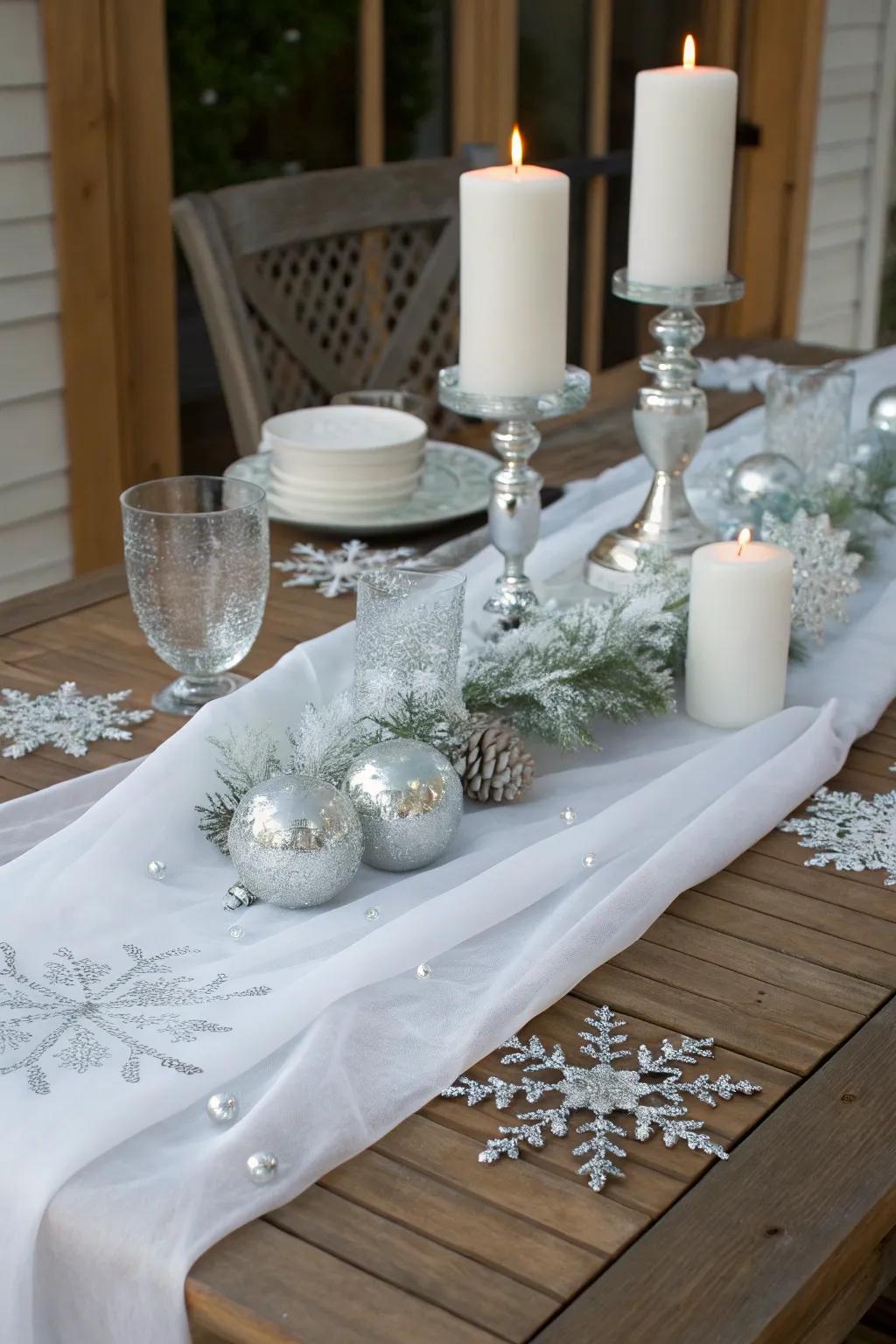 Winter wonderland with a white cheesecloth runner.