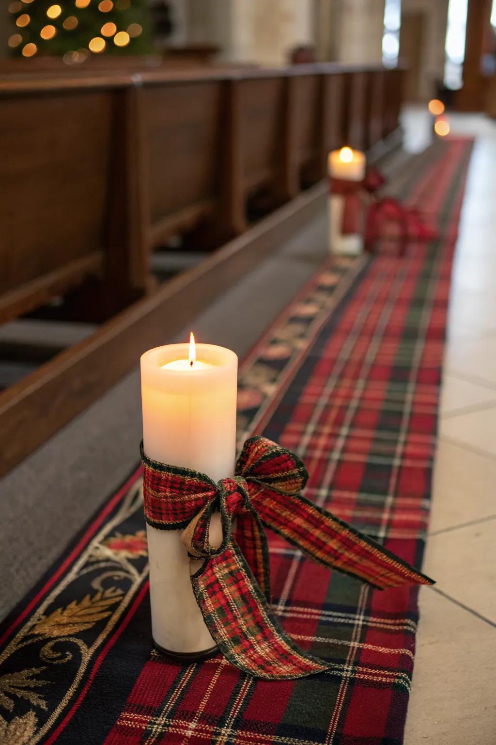 Add warmth with plaid accents around your hurricane candle centerpiece.