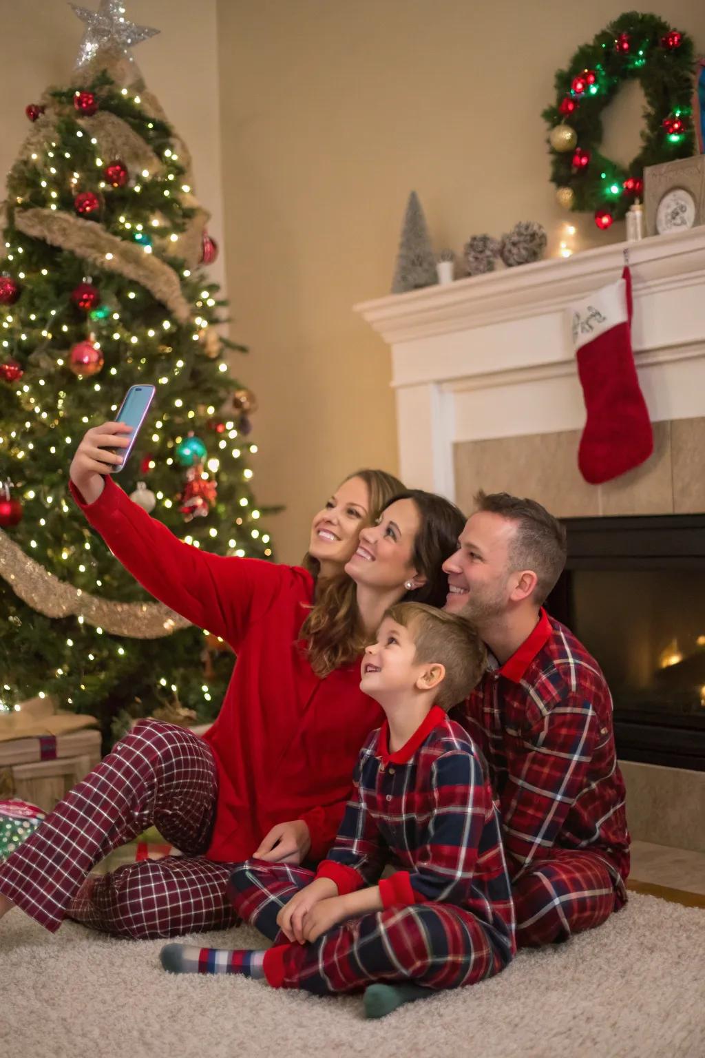 Spontaneous and playful selfies captured in front of festive decor.