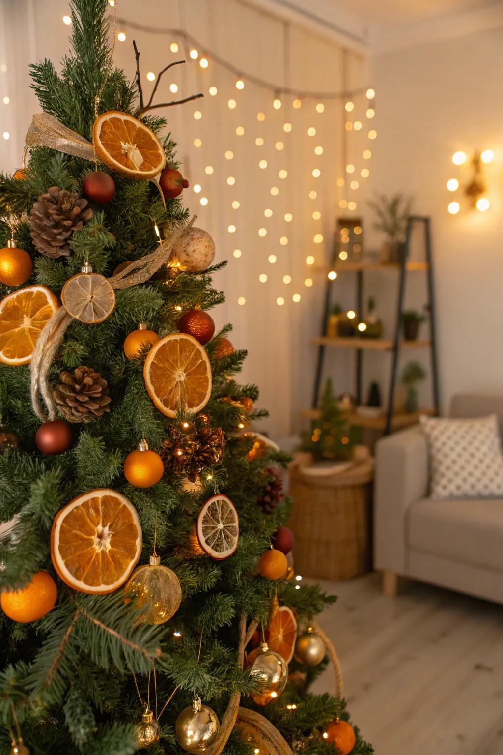 Embrace warmth with orange and gold holiday decorations.