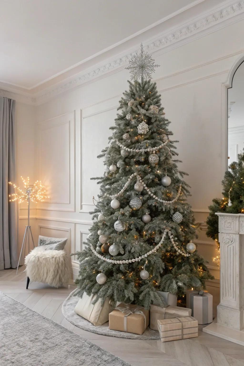 An elegant Christmas tree with silver thread garlands