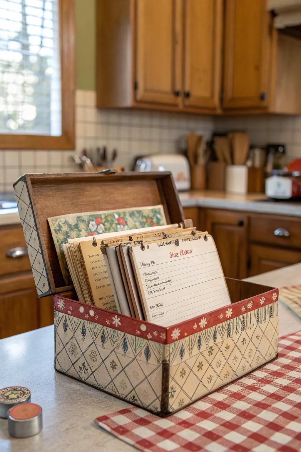 A vintage recipe card holder from a cigar box keeps your recipes handy.