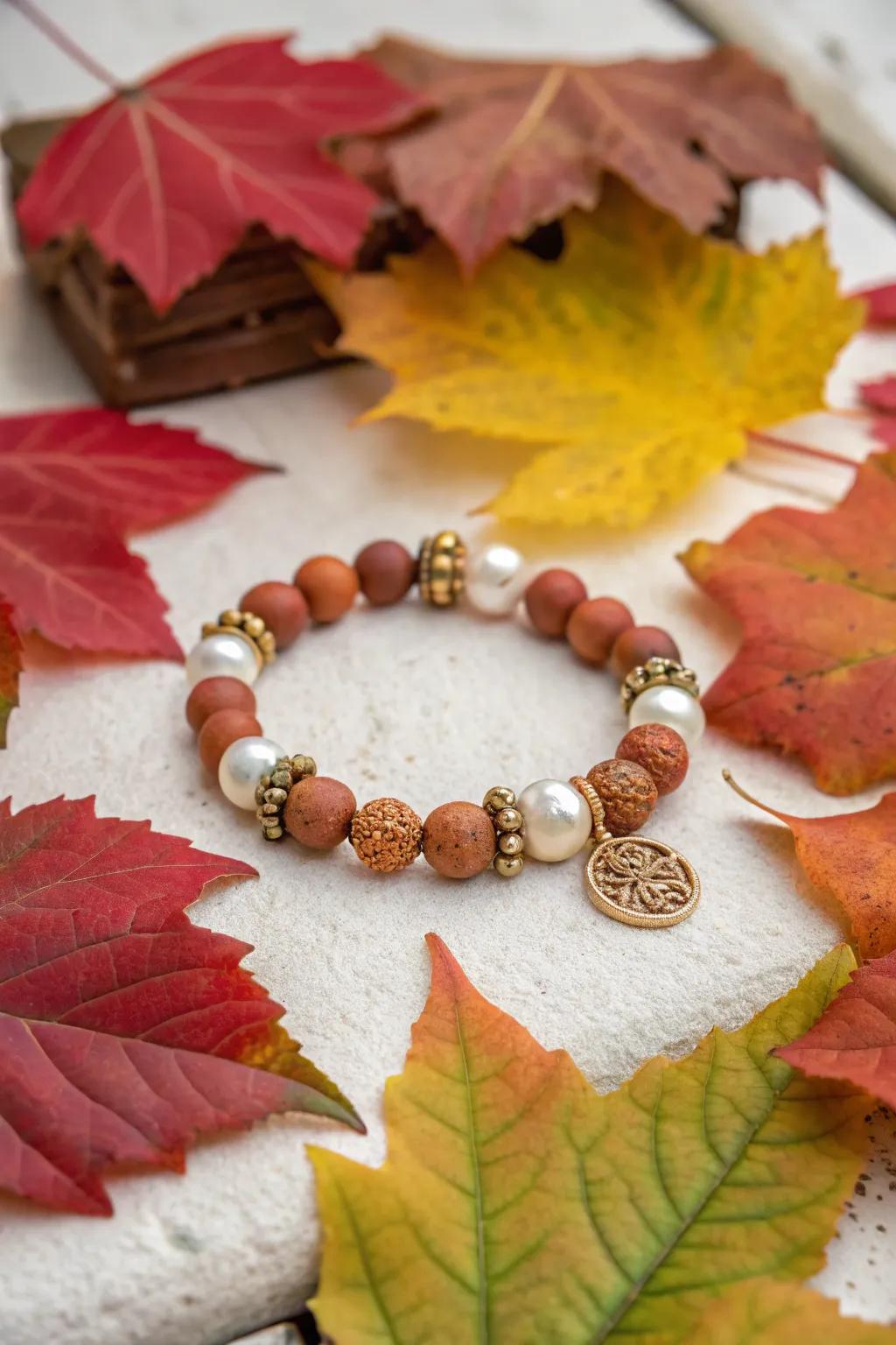 Warm autumn hues and pearls for a seasonal bracelet.