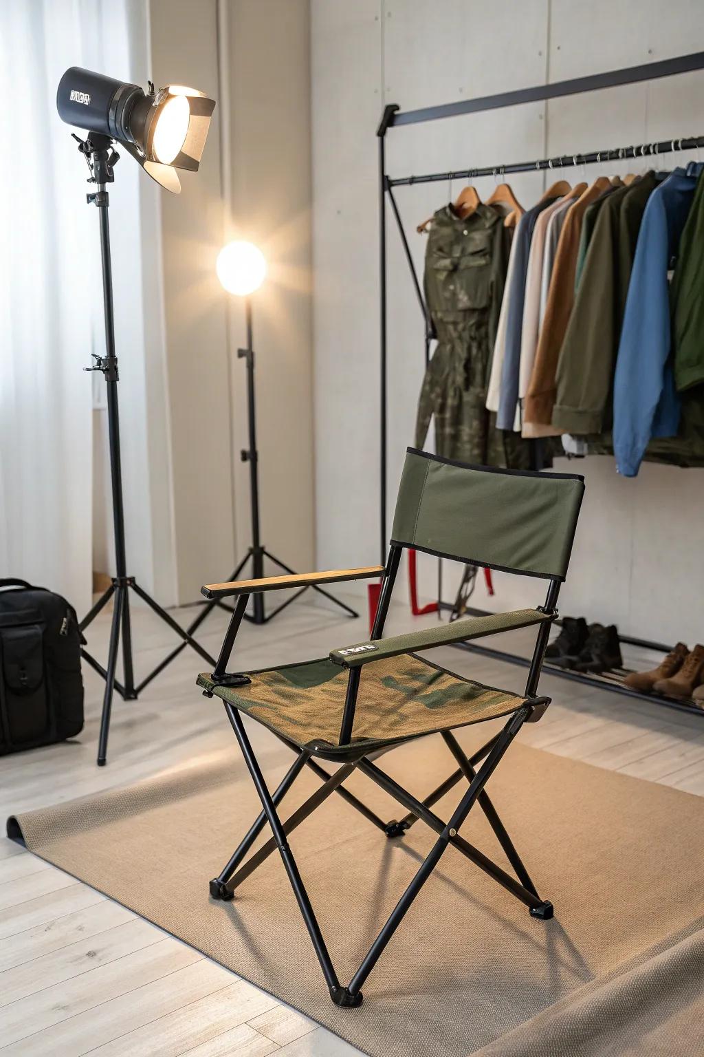 A foldable chair offers space-saving seating options in your recording studio.