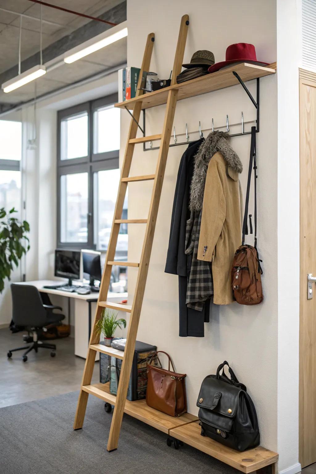 A ladder shelf combo providing multifunctional storage and hanging.