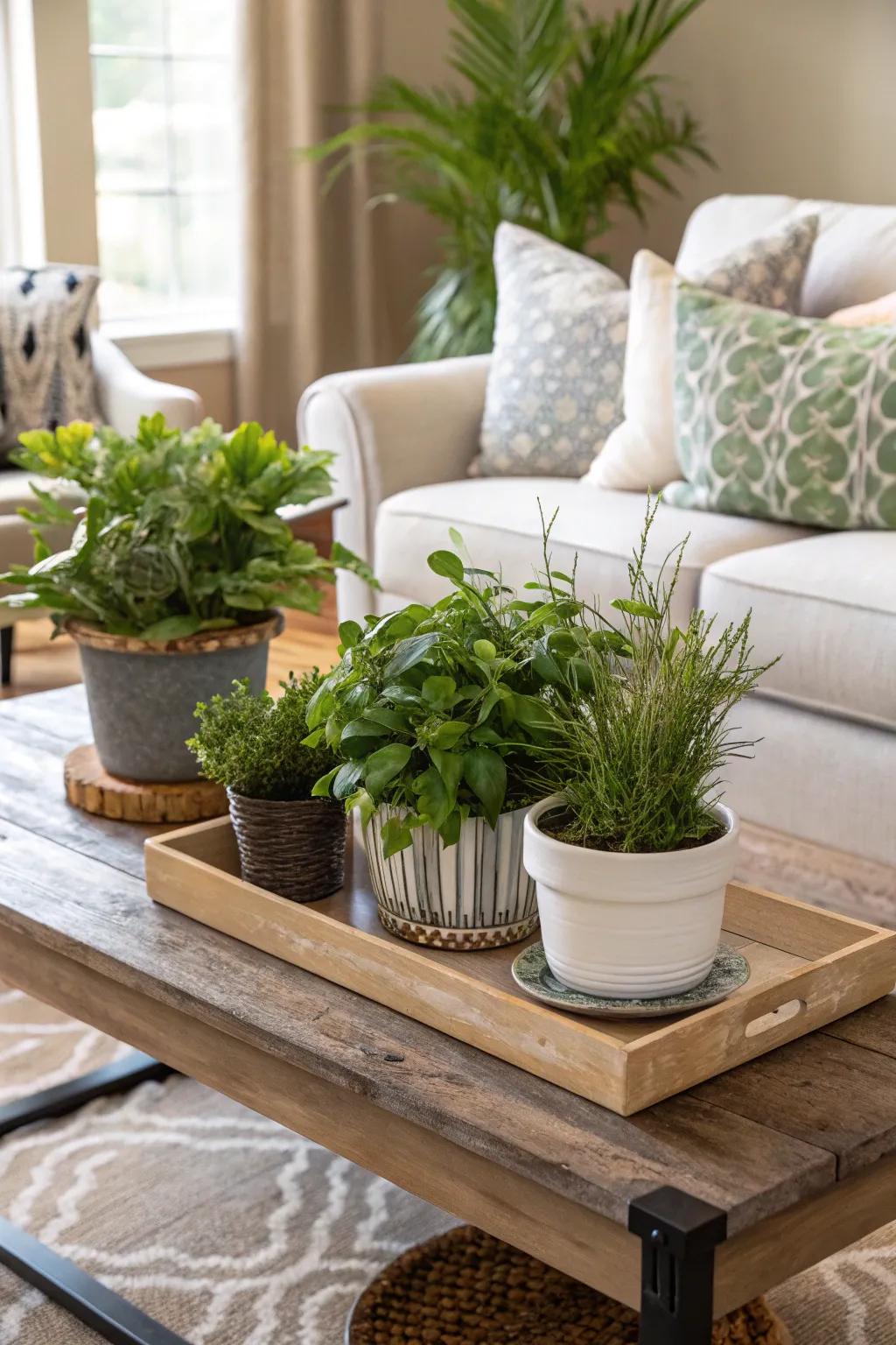 Seasonal greenery adds a fresh look to the coffee table.