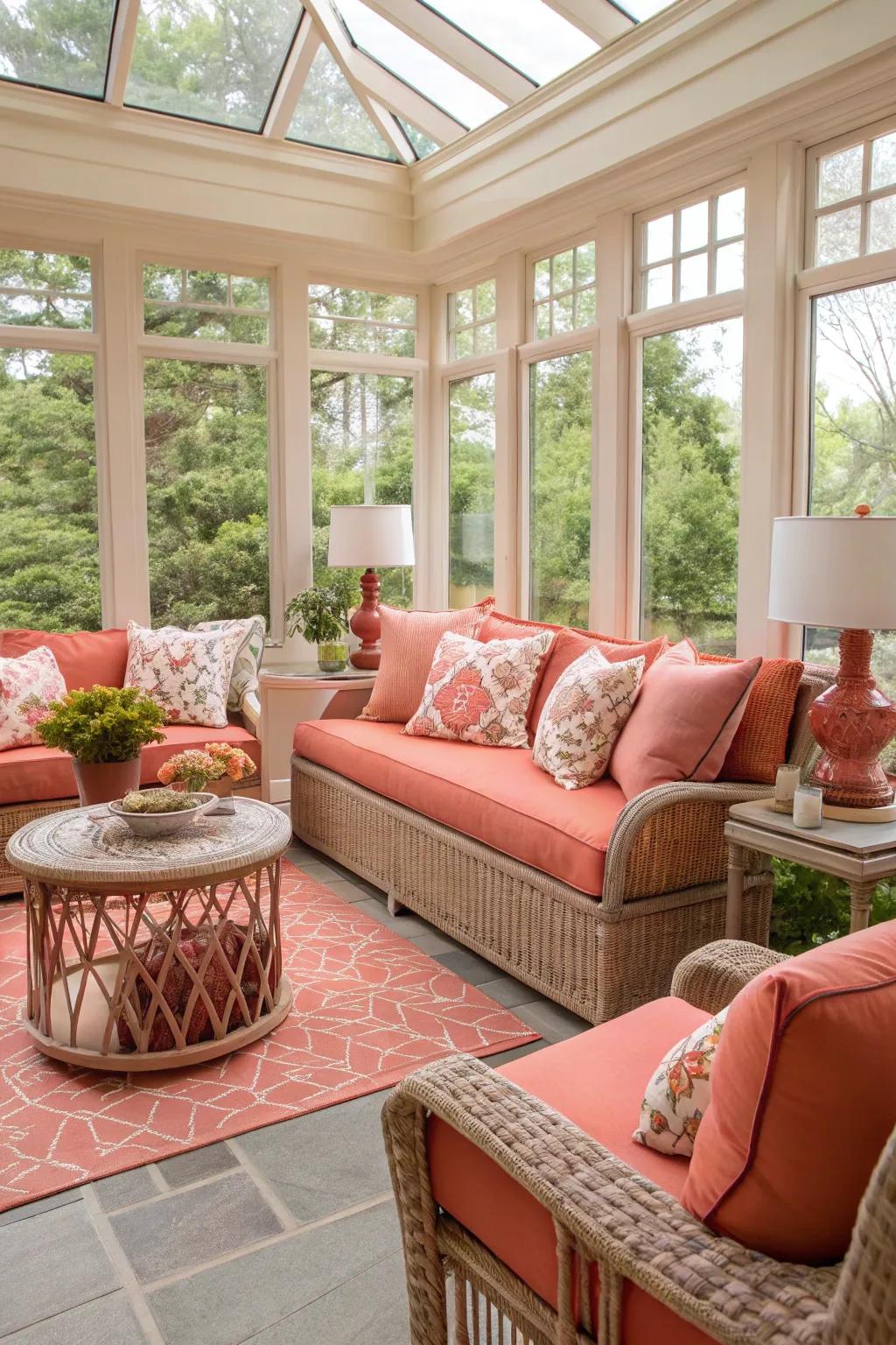 A cheerful sunroom featuring vibrant coral hues.