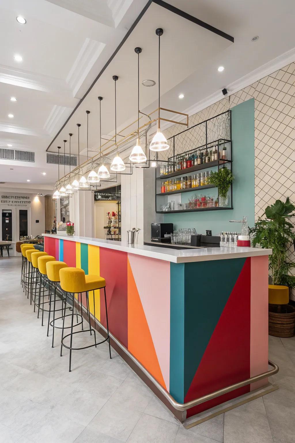 A salon bar with color block accents, adding a bold and dynamic visual effect.