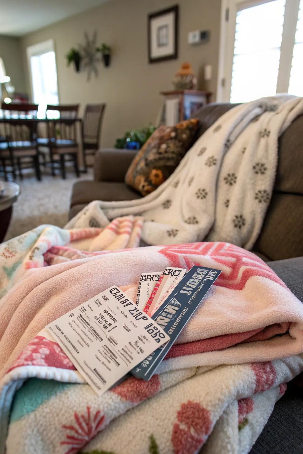 A warm blanket concealing concert tickets within its folds.