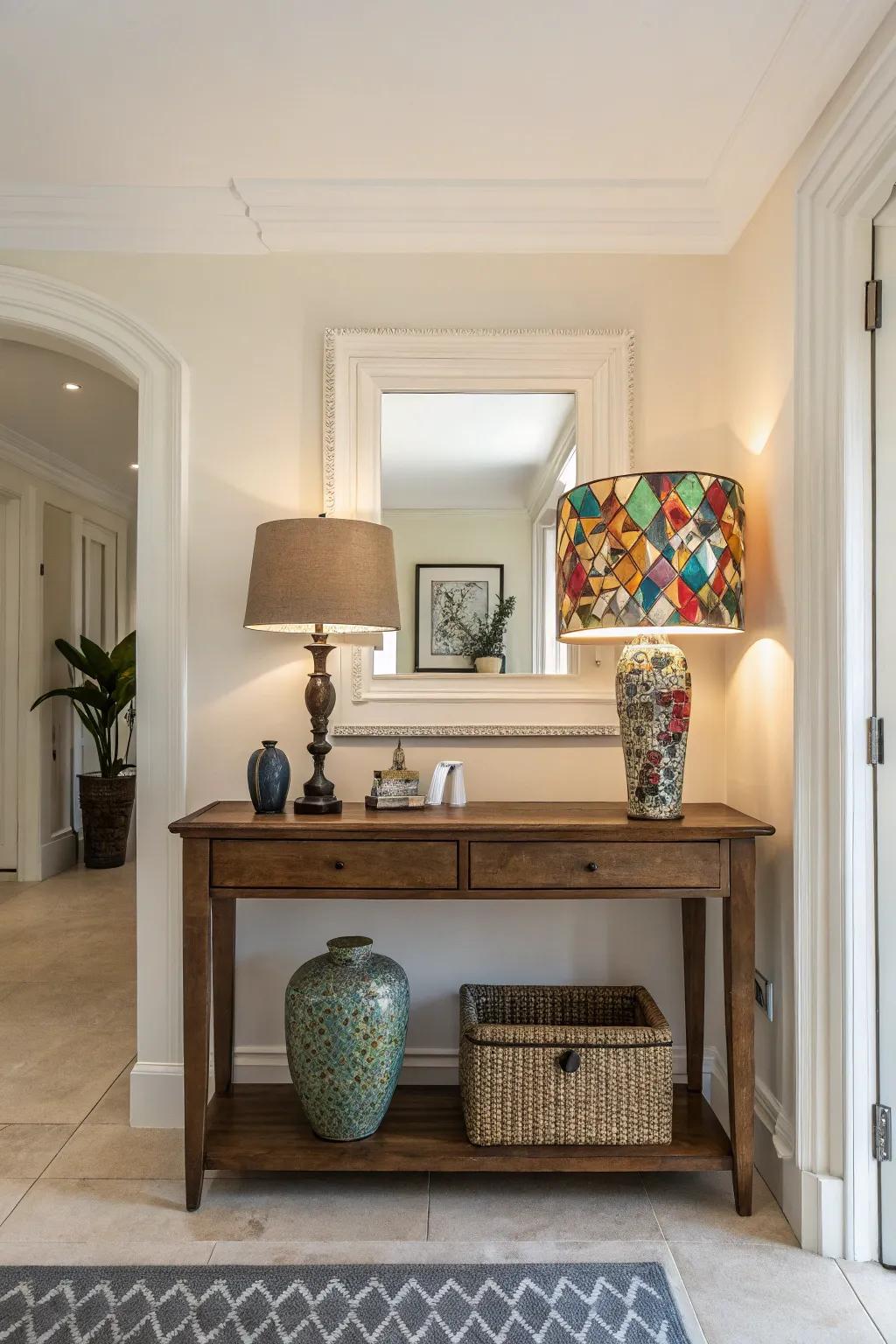 A colorful lamp adds a vibrant pop to this console table setup.