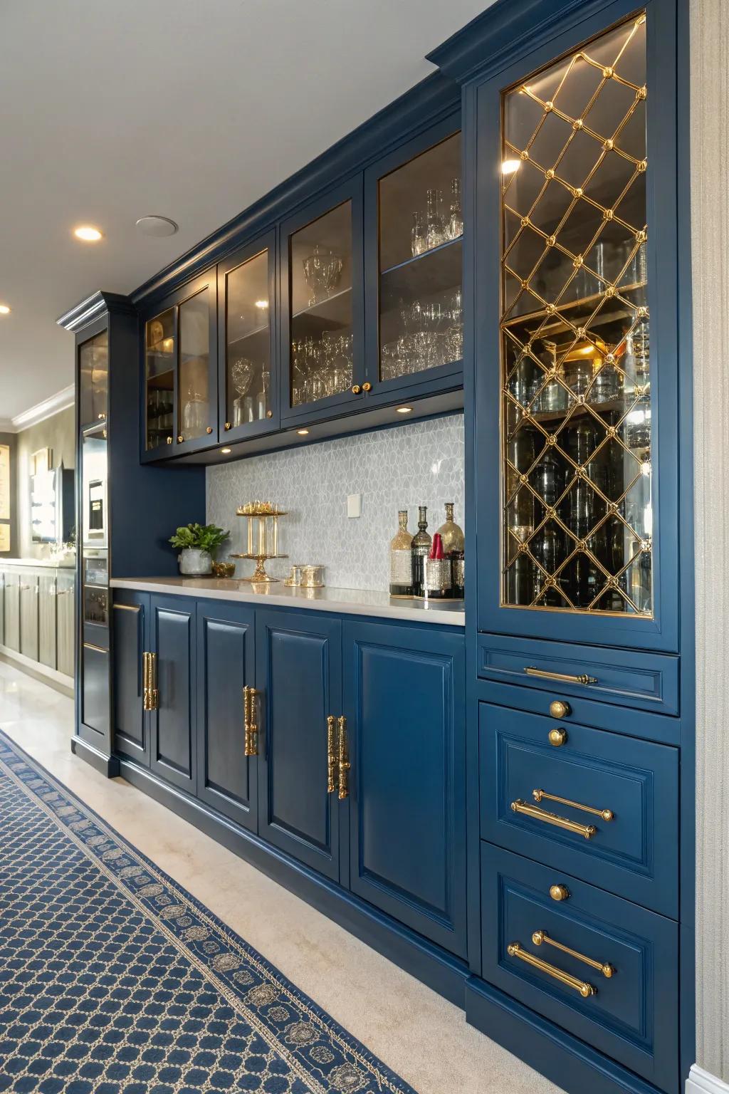 A vibrant home bar with bold blue tones and luxe finishes.