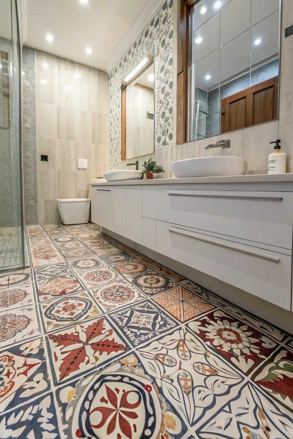 Patterned flooring adds personality and style to the bathroom.