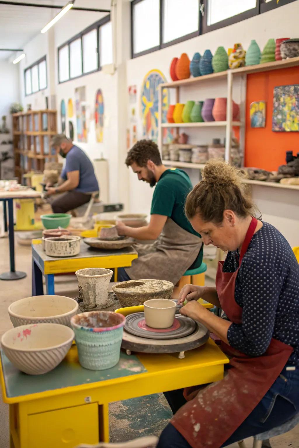 Pottery workshop with participants creating clay pieces in a creative studio.