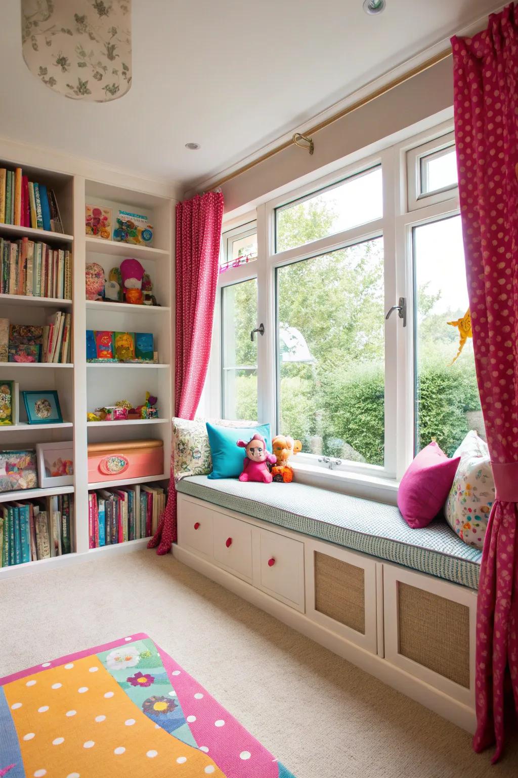 Window seats offer a cozy perch and hidden storage solution.