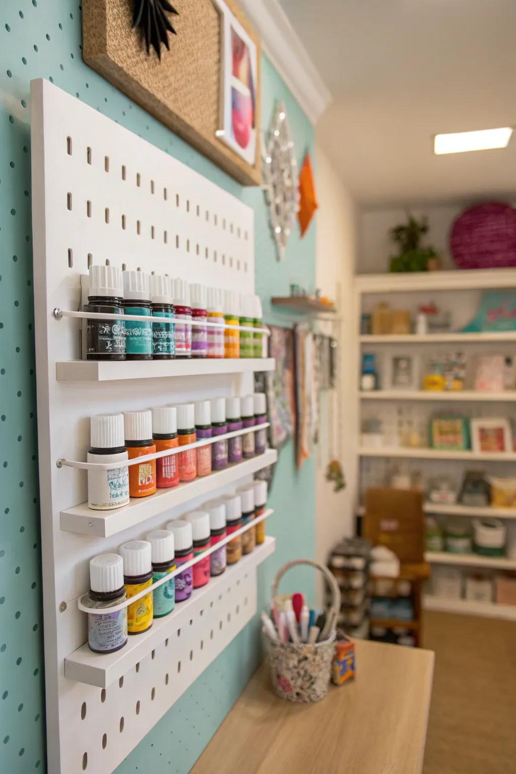 A spice rack is a clever way to store paint bottles.