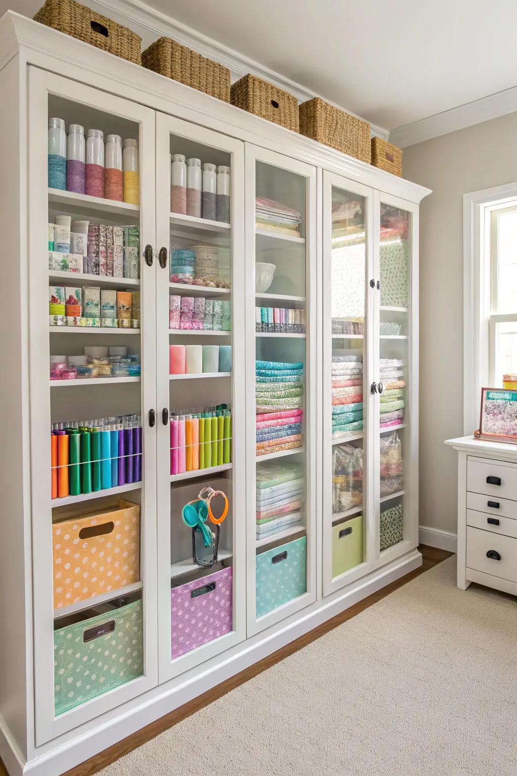 Glass door cabinets display and protect craft essentials.