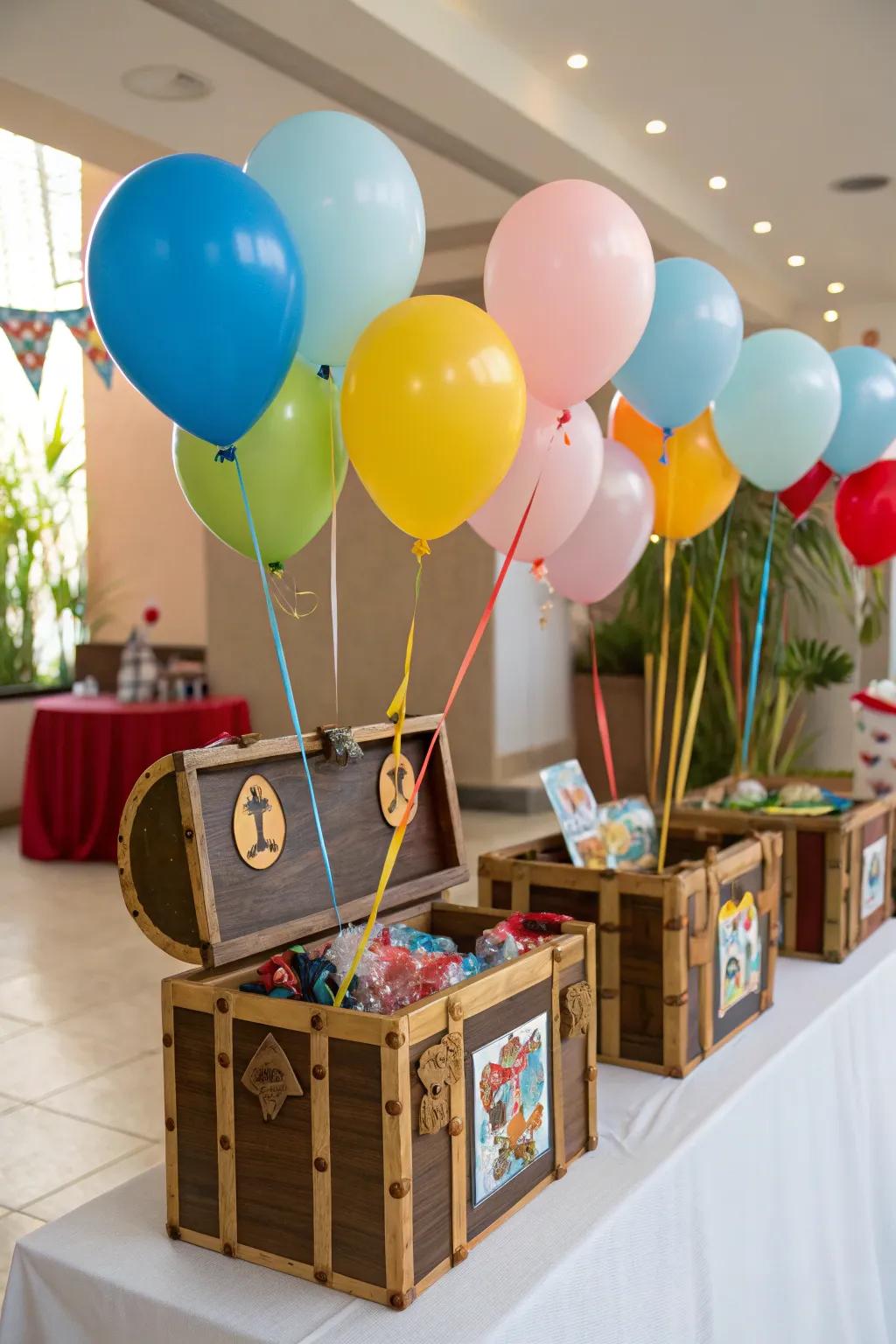 Themed containers creatively used as cohesive balloon weights.