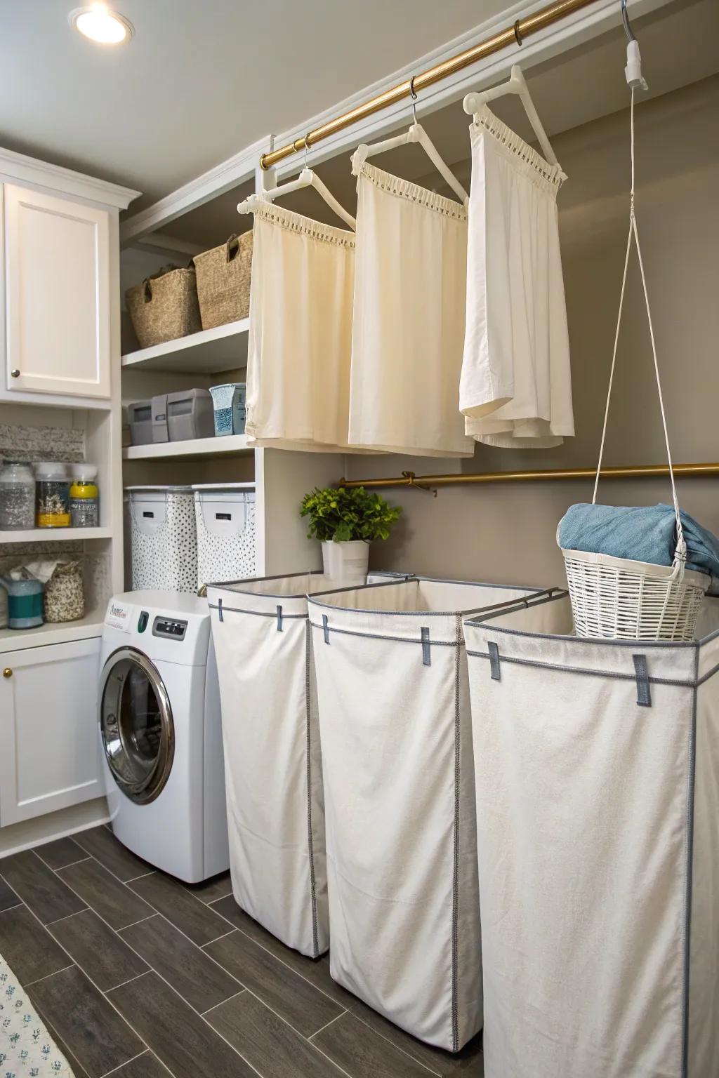 Hanging hamper bags make the most of vertical space in small areas.