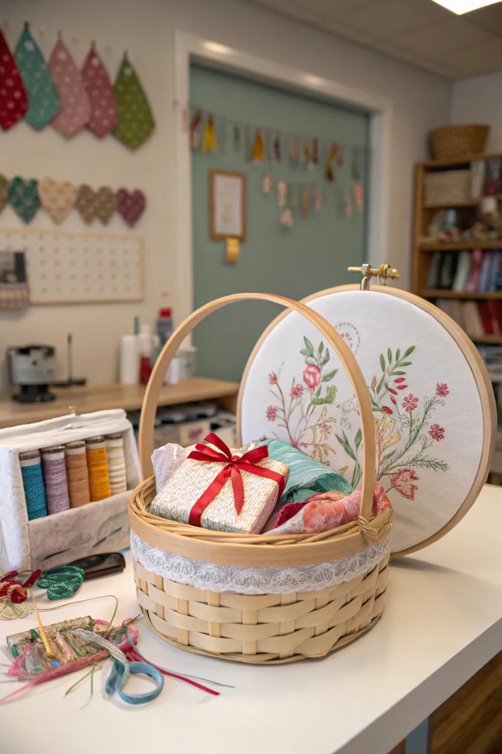 A crafty gift basket with an embroidery hoop frame.