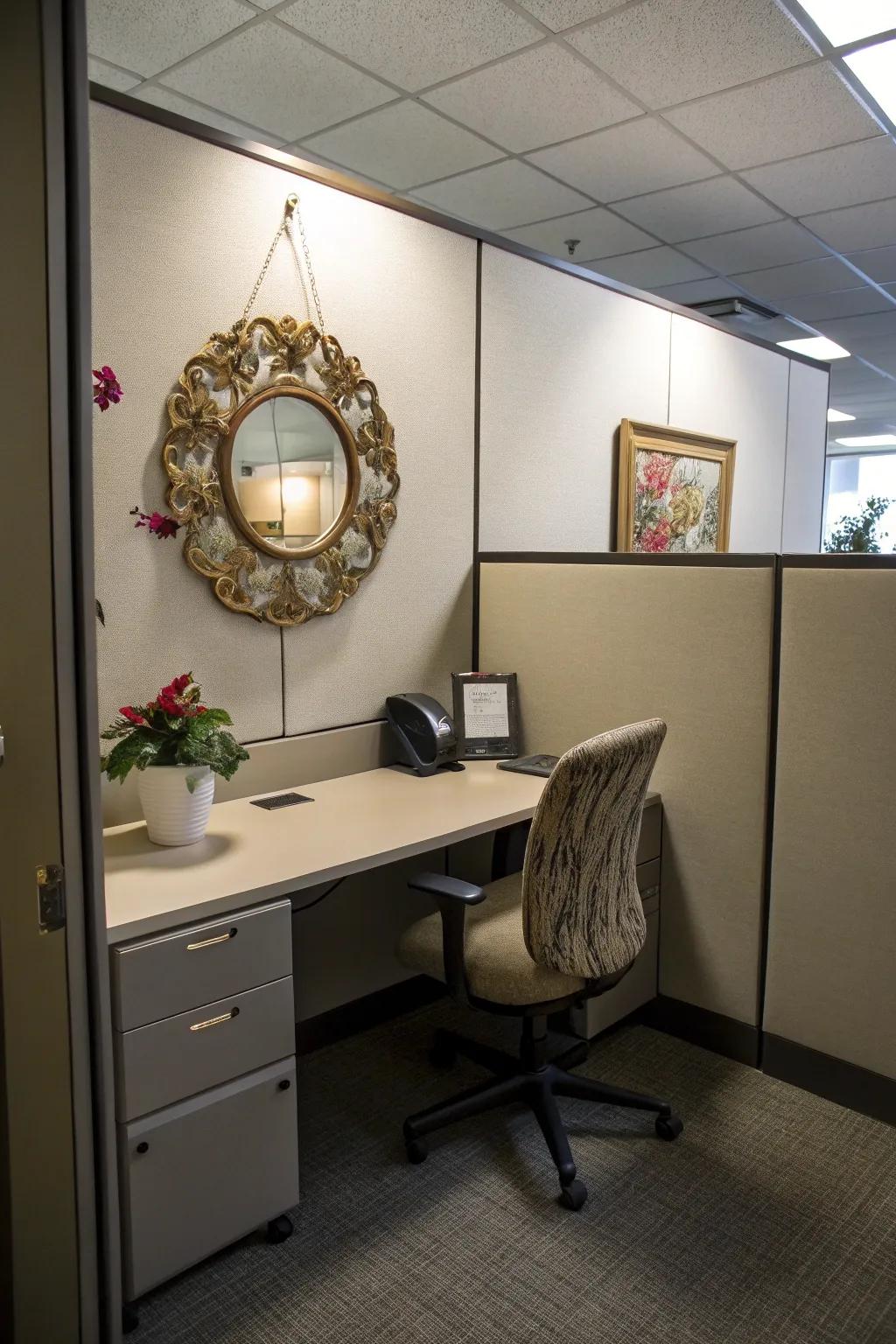 A small mirror adds depth and a decorative touch to your cubicle.