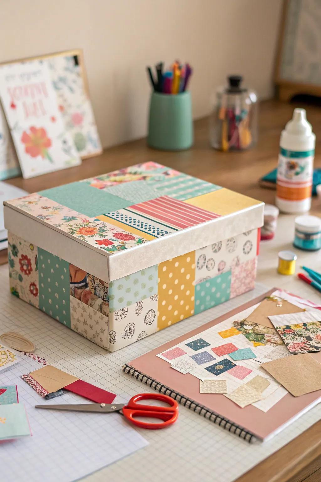 A colorful box with a patchwork paper design.