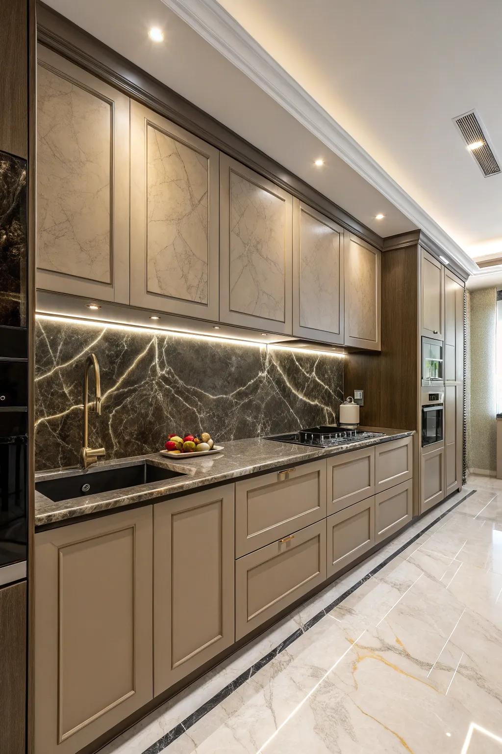 Dramatic marble surfaces make a statement with beige cabinetry.