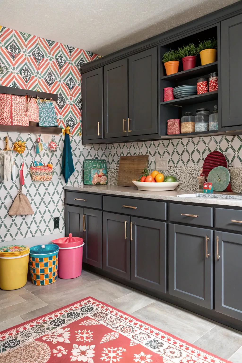 Bold patterns add a playful twist to dark gray cabinets.