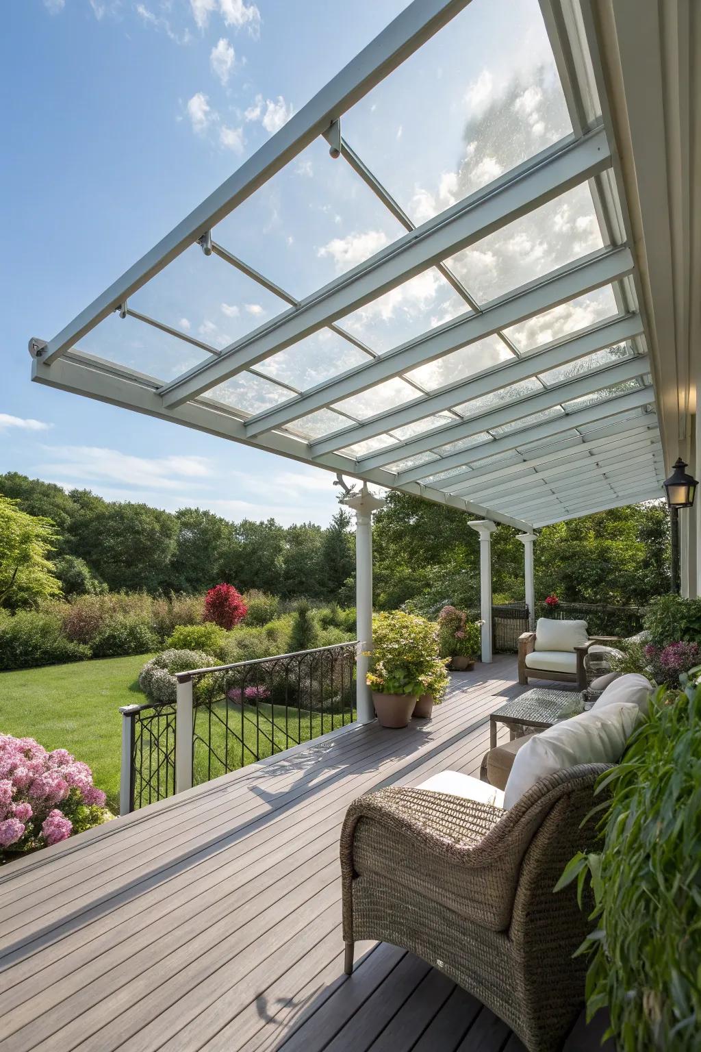 Glass awnings offer elegance and natural light on your deck.