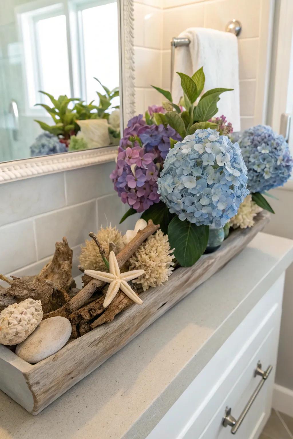 Hydrangeas and driftwood bring coastal charm indoors.