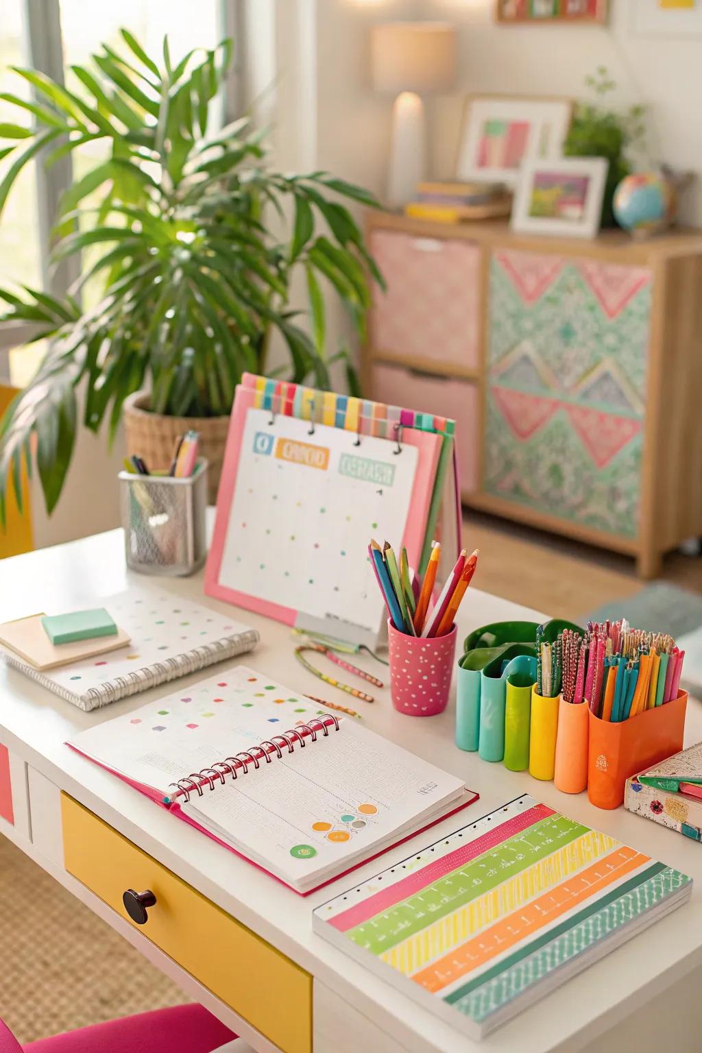 Colorful desk accessories adding vibrancy and creativity to the workspace.