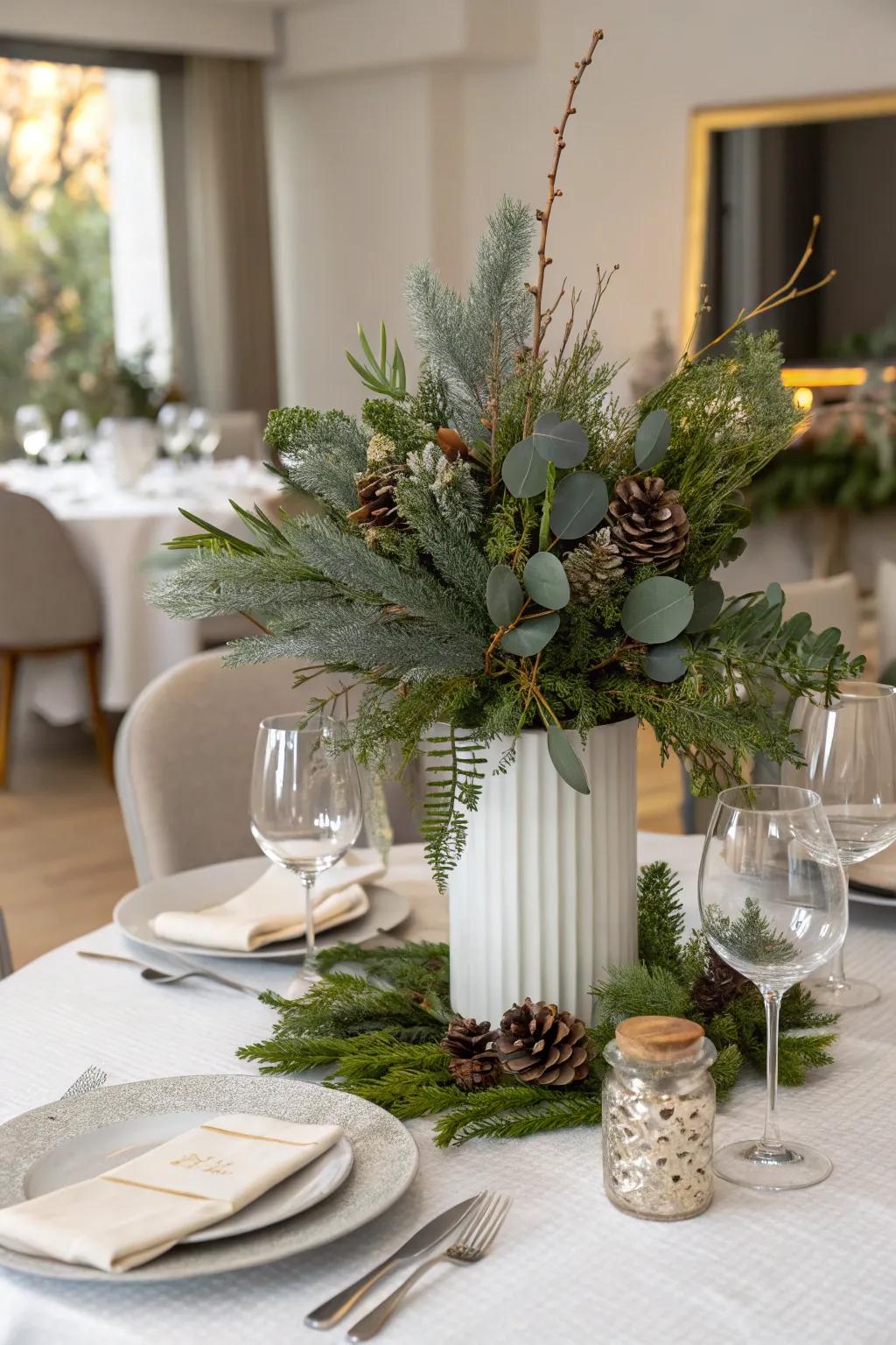 A fresh centerpiece featuring seasonal greenery like pine branches or eucalyptus in a stylish vase.