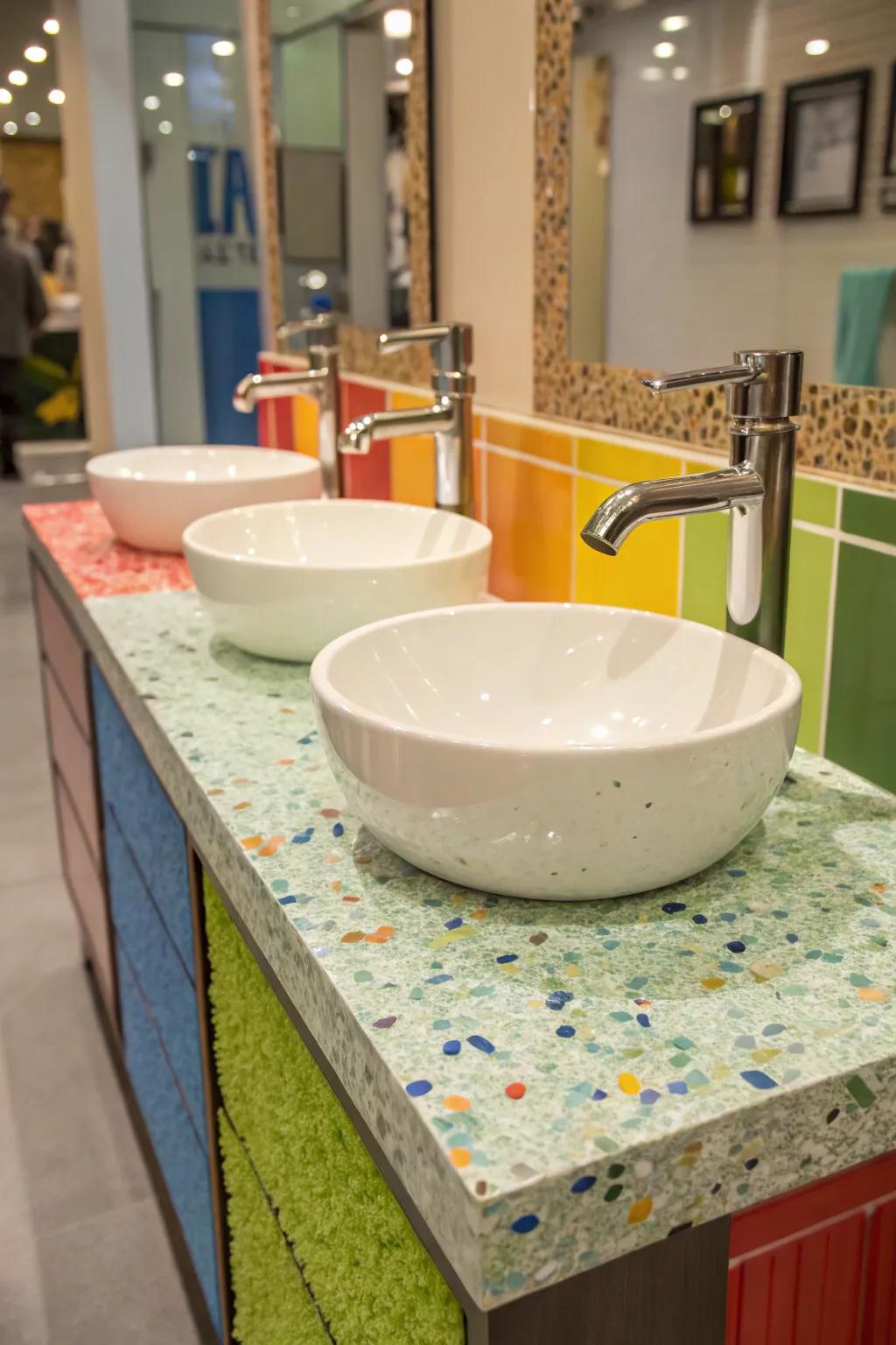 Add a pop of color with eco-friendly recycled glass countertops.