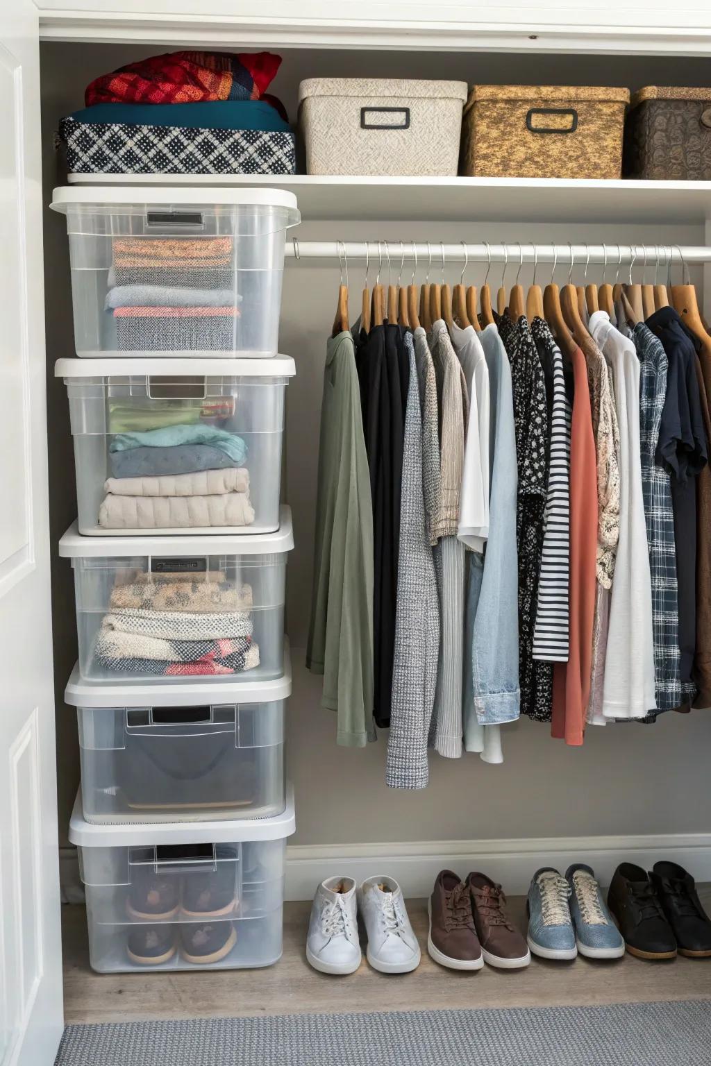 Clear containers ensure visibility and order in your closet.