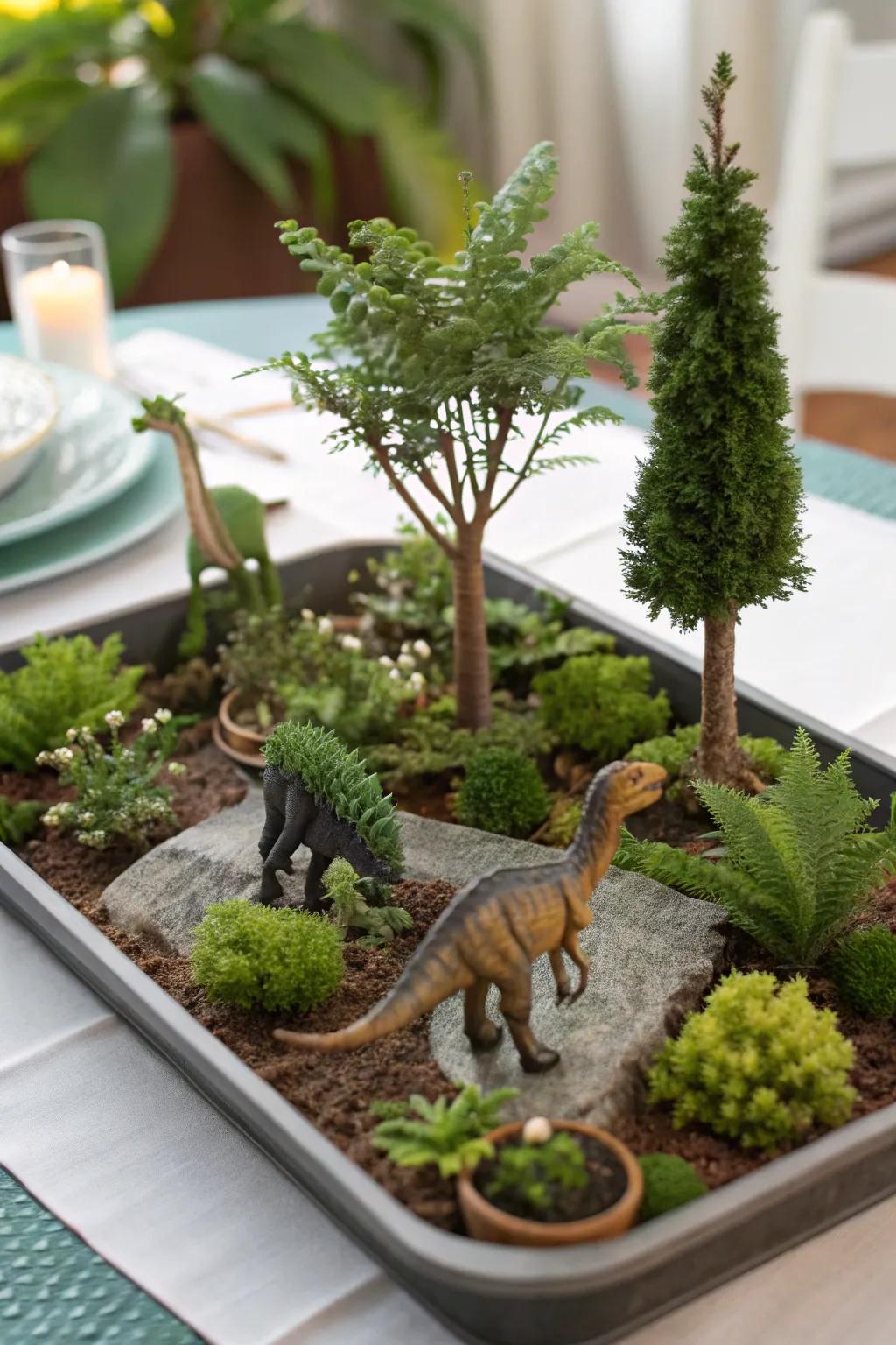 Bring the outdoors in with a dino garden party centerpiece.