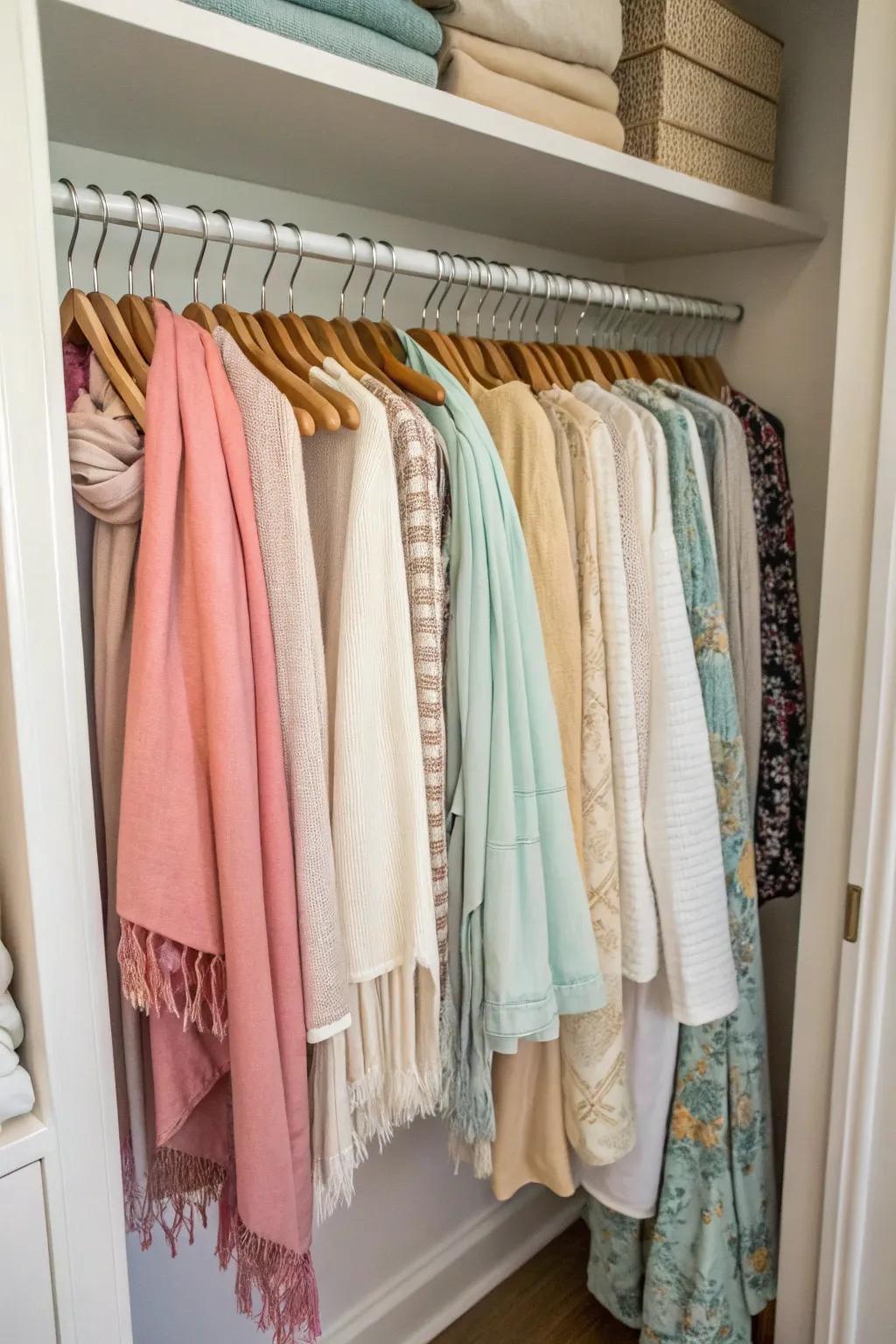 Tension rods offer flexible storage options in a small closet.